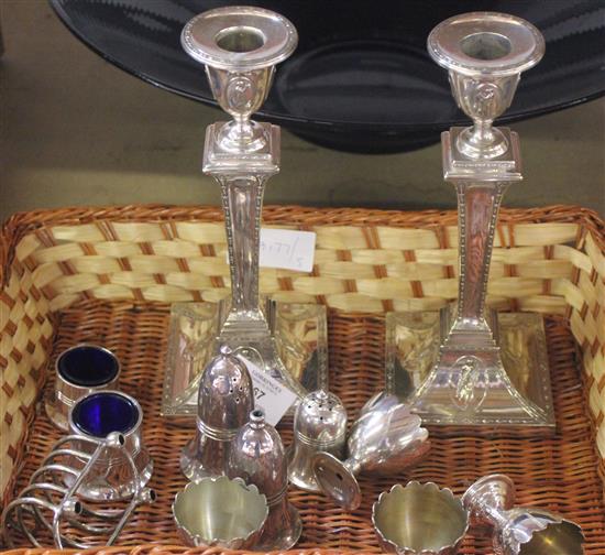 Pair of plated candlesticks etc